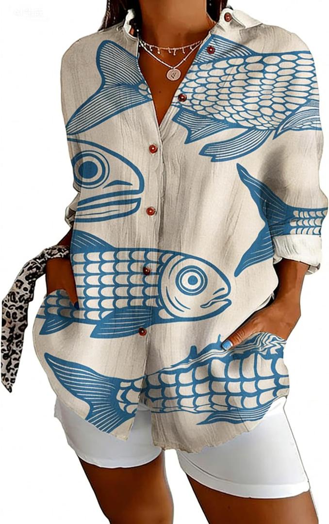 Women Tops Dressy Casual Floral Shirts Long Sleeve Blouse | Ladies Blouses V Neck Botton Down Floral Boho Tops Collared Office Shirts for Work Vacation Size S, Blue White Fish