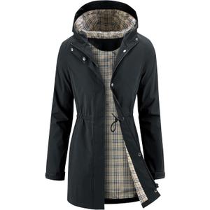 iCreek Women's Rain Jacket Long Raincoat Packable Hooded Waterproof Windproof Plaid Lined Trench Coat Lightweight for Outdoor (Dark Grey, M)