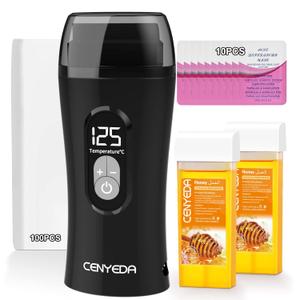 Digital Honey Wax Kit for Women's Hair Removal - Roll On Warmer with 2 Cartridges and 100 Wax Strips (Black)