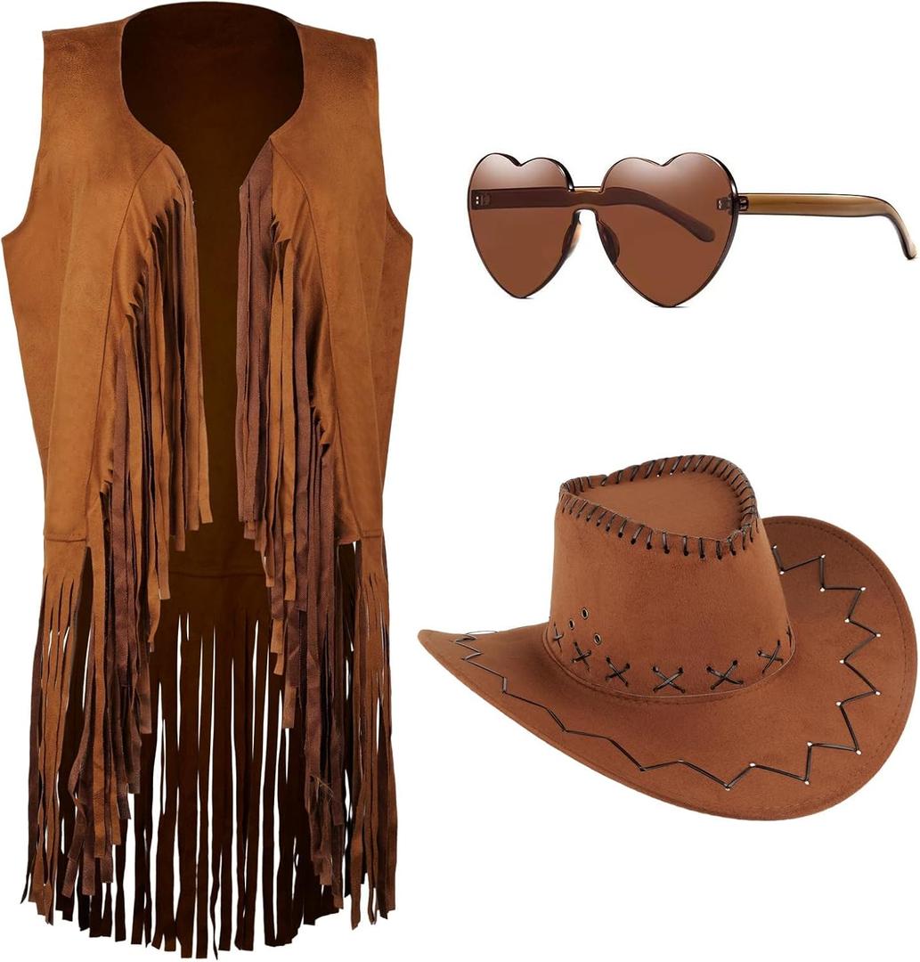 Cowgirl Outfits for Women 60s 70s Hippie Sleeveless Fringe Vest with Cowboy Hat and Sunglasses Halloween Costumes (Large, Brown)