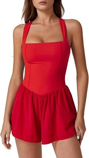 QINSEN Women's Square Neck Sleeveless Romper Jumpsuit Casual Summer One Piece Outfit with Pocket Red L