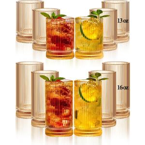 megarte Ribbed Glassware Vintage Drinking Glasses 12Pcs Set （6 Highball Glasses 16Oz And 6 Rocks Glasses 13Oz） Amber Ribbed Glass Cups For Iced Coffee, Cocktails, Juice, Beer, Everyday Drinking