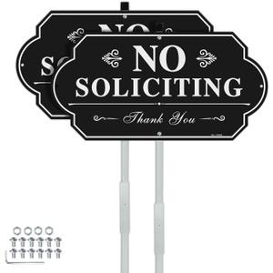 2 x T&R No Soliciting Sign for House with 42" Stake 2 Pack - 13.5"x7" .040 Rust Free Aluminum, Reflective, Waterproof, Weatherproof and Fade Resistant, 4 pre-drilled holes,Includes Matching Screws & Wrench, Easy to Mount