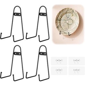 4 Pcs 6 Inch Adhesive Wall Mount Plate Display Stands No Drill Metal Medium Wall Easel Holder with Hooks Picture Frame Stand Rack for Home Office Plates Bowl Certificate Artwork