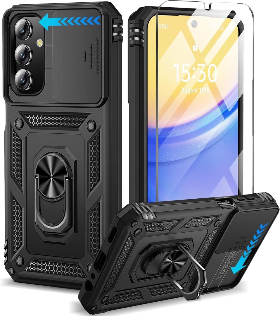 BaHaHoues for Samsung Galaxy A15 5G Case with Screen Protector & Slide Camera Lens Cover,Built-in 360Rotate Magnetic Ring Stand Shockproof Protective Phone Case for Samsung A15 5G Case (Black)