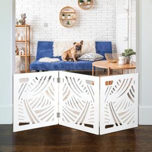 Freestanding Dog Gate Expandable Decorative Wooden Fence for Small to Medium Pet Dogs, Barrier for Stairs, Doorways, & Hallways (Swirl)