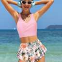 Girls Swimsuits Size 14-16 Bathing Suits for Teens Girls Tankini Criss Cross Tropical Print Ruffle Bottom Swimsuits for Teens Two Piece Swimwear Pink