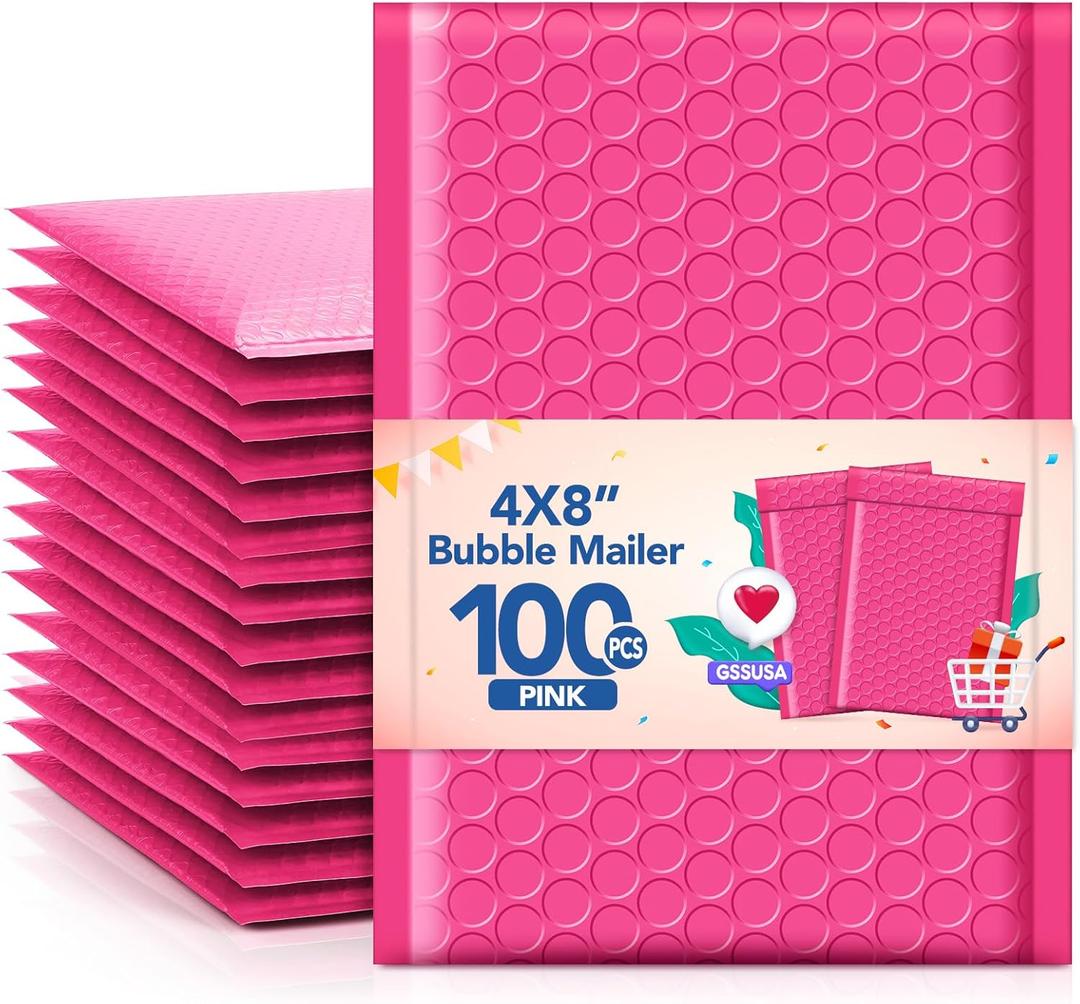 GSSSUSA Bubble Mailers 4x8 Inch 100 Pack Padded Envelopes Usable Size 4x7 Inch Shipping Envelopes Self Seal Small Packaging Shipping Bags for Mailing Jewelry, Small Business, Pink