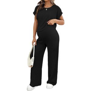 BLENCOT Maternity Clothes Ribbed Knit Lounge Set Short Sleeve Top and Long Pants Maternity Sleepwear Pajamas Sets Two Piece Matching Outfits Set Black XL