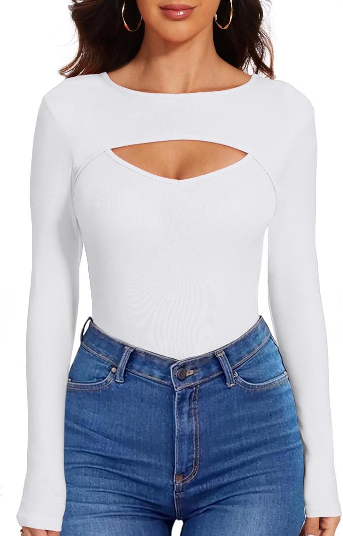 Sexy Cut Out Long Sleeve Tops for Women, Round Neck Ribbed Knit Fitted Tee T-Shirt,Open Chest Design for Going Out Tee (White)