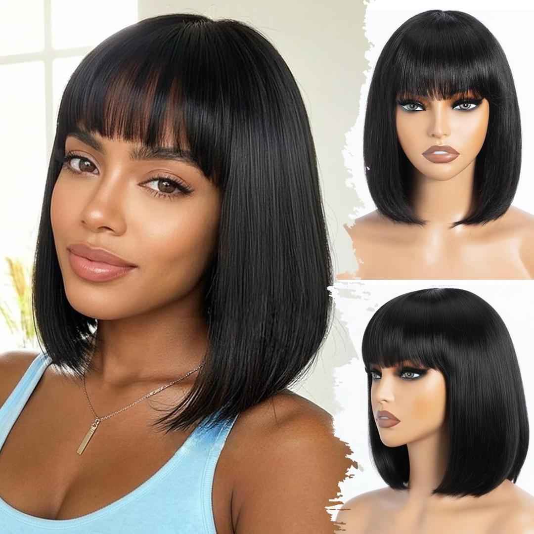 Farblick Bob Wig Human Hair With Bangs Wear and Go Glue less Wig Human Hair 10inch Straight Wig 180% Density Black Wig With Bangs For Women