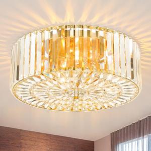 17.5" Large Gold Crystal Ceiling Light, 4-Light Gold Flush Mount Crystal Ceiling Light Fixture, Modern Chandelier Round Lighting Fixtures for Bedroom,Hallway,Living Room, XDD007-4-G