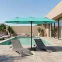 15FT Patio Umbrella with Solar Lights, Double-Sided Extra Large Outdoor Table Umbrella with Base Included, Heavy-Duty 12 Iron Ribs Market Umbrella for Garden, Pool, Backyard, Turquoise Blue