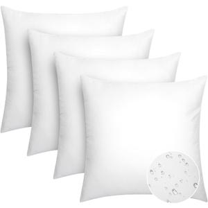 Pack of 4 18x18 Outdoor Pillow Inserts, Water Resistant Throw Pillow Inserts, Cushion Inner Pads for Patio, Furniture, Sofa, Bed, Living Room, Garden Decorative Waterproof Pillow Inserts (18x18 inch, White 4 Pack)