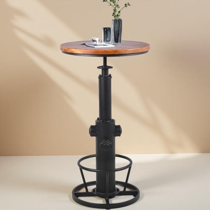Vintage Bistro Table Height Adjustable 38.6-44.4inch Industrial Bar Table for Kitchen Dining Room Coffee House Pub Office Swivel Round Wooden Top for 2-3 People (Black)
