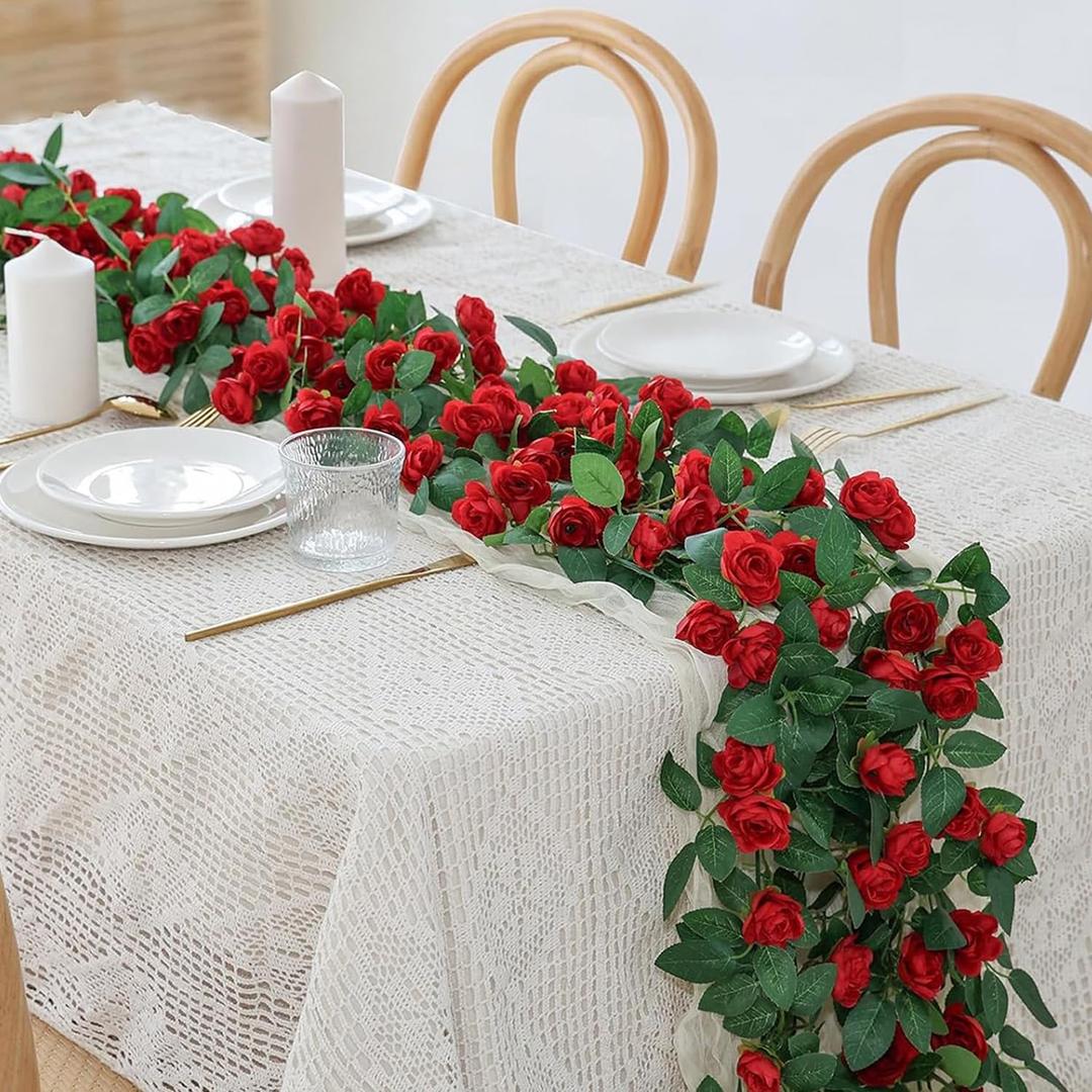4 Packs Artificial Rose Garland: 31.48Ft Each Fake Flower Vine with Improved Color & 10 Ties for Wedding Arch Backdrop, Home Wall Party Decor, Christmas Decor, Red