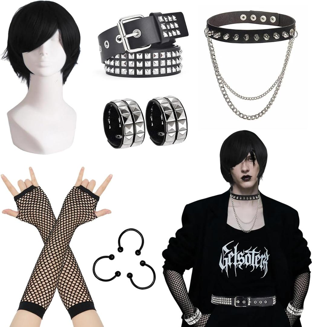 ATAYOU 10PCS Emo Boy Cospaly Costume Accessories Kit 2000s Themed Party Outfits with Black Wig Chocker Belt Nose Gloves Bracelets