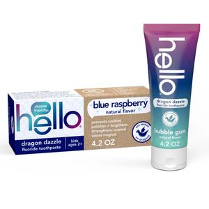 Hello Dragon Dazzle Blue Raspberry Kids Toothpaste, Fluoride Toothpaste, Ages 2+, No Artificial Sweeteners, No SLS, Gluten Free, Vegan,  4.2 OZ Tubes