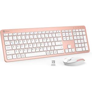 iClever GK08 Wireless Keyboard and Mouse - Rechargeable Wireless Keyboard Ergonomic Full Size Design with Number Pad, 2.4G Stable Connection Slim White Keyboard and Mouse for Windows, Mac OS Computer (Rose Gold)