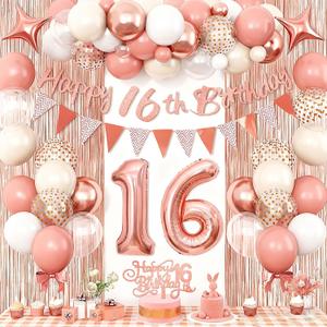 Sweet 16 Party Decorations for Girls:Rose Gold Happy 16th Birthday Banner Ballons, Pink Sweet Sixteen Birthday Decor with Cake Topper, 16 Number Balloons, Tassel Curtain Backdrop