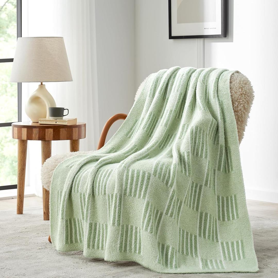 Snuggle Sac Faux Fur Checkered Blanket Twin Size,Super Soft Reversible Cozy Warm Blanket for Sofa Bedroom,Cute Lightweight Striped Throws for Women,Heather Sage Green,60x80 inches