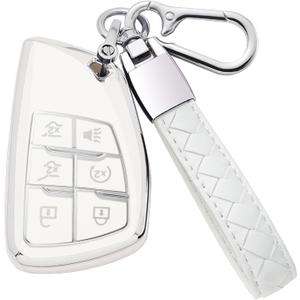 for Chevy Key Fob Cover with Keychain Soft TPU Key Case Shell Holder Fits for 2021 2022 2023 Chevrolet Suburban Tahoe Silverado 1500, for GMC Yukon Sierra, for Buick Encore 6 Button (B White)