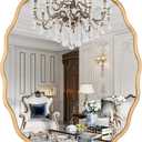 24 * 36 Inch Brushed Gold Oval Ripple Bathroom Mirror Wall Mounted Large Modern Countryside Suitable for Washroom, Bedroom, Living Room, Entryway
