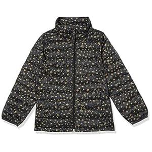 Amazon Essentials Girls' Lightweight Water-Resistant Packable Mock Puffer Jacket, Black, Stars, X-Small