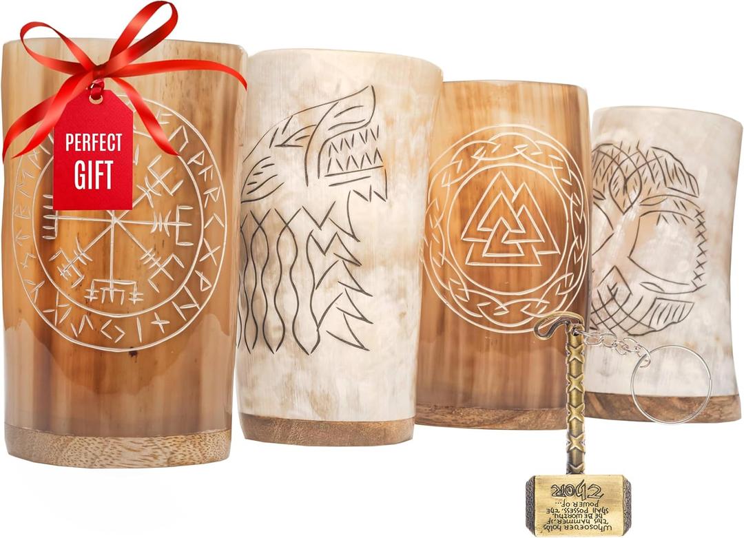 Trondebal Viking Drinking Horn Mugs Set of 4, beer stein set, Natural Ox Horn Shot Glasses | 10 oz Cool Unique Tumbler, Beer Gift for Men and Women, Handmade Goblet| Medieval Stein for Ale, Mead