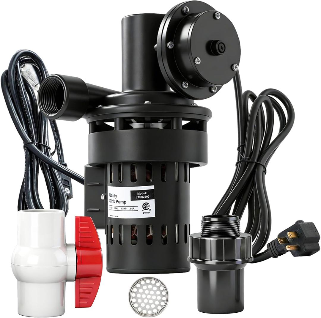Automatic Utility Sink Pump 1/3 HP, 115V Under-Sink Mounted Heavy-Duty Pump for Gravity-Free Drainage, with Drainage Filter Screen, Integral Check Valve & Ball Valve for Laundry Room and Basement