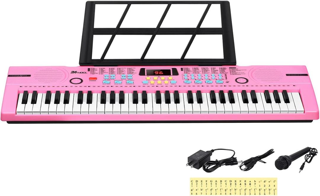 Kids Keyboard 61 Keys, Beginner Electronic Piano with One-Key Teaching 100 Tones & Rhythms, Portable Music Keyboard for Children with Microphone, Music Stand [Pink, Compact]