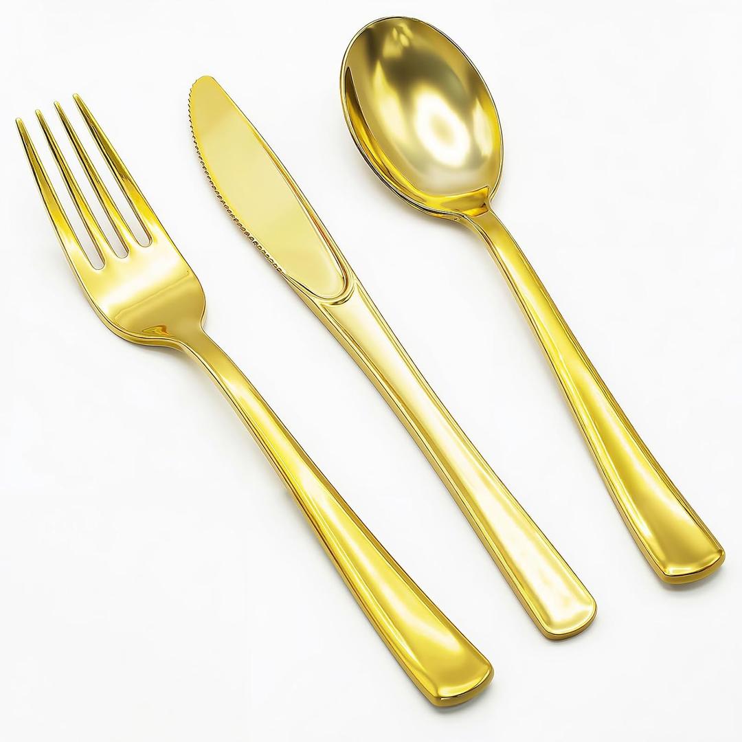 153 Pack Gold Plastic Silverware - Heavy Duty Gold Silverware Set - 51 Forks, 51 Knives, 51 Spoons Plastic Cutlery Disposable Utensils Set for Holiday, Party, Dinner, Wedding Gathering