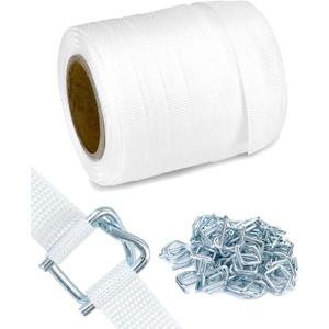 QWORK 3/4" x 250' Woven Cord Strapping Roll with 50 Pcs 3/4" Metal Buckles, Heavy Duty Polyethylene Braided Rope Strap Roll, 2400 lb Strong Break Strength 6" x 3" Core, White