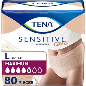 Tena Sensitive Care Incontinence Underwear for Women, Maximum Absorbency, Adult Diapers, Large (Waist Sizes 34in-44in), 80 Count (4 Packs of 20)