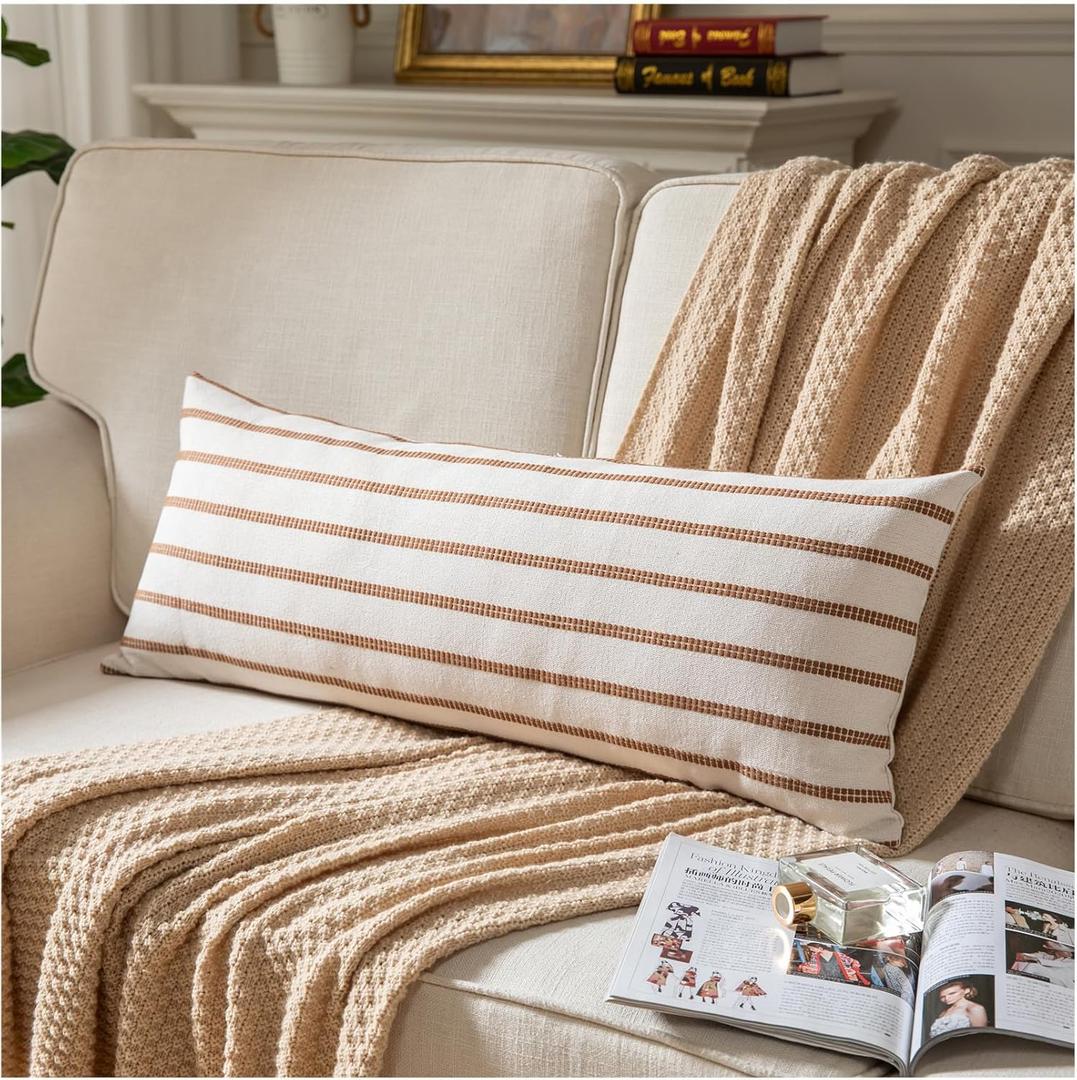 Caflife Boho Lumbar Throw Pillow Cover 14X36 Long Soft Farmhouse Decorative Couch Pillow Cases Brown Striped Body Pillow Covers Neutral Cushion Covers for Sofa Bed Living Room Home Decor Pack of 1