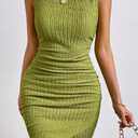 MITILLY Women Summer Formal Wedding Guest Dress Elegant Sleeveless Tank Ruched Bodycon Mini Dress with Slit (Green, L)