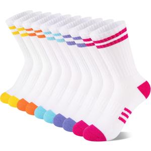 Comfoex 10 Pairs Girls Crew Long Athletic Socks for 4-6 6-8 8-10 Years Old Kids Calf Sports Cotton Socks Half Cushioned, Size: 10-12 Years