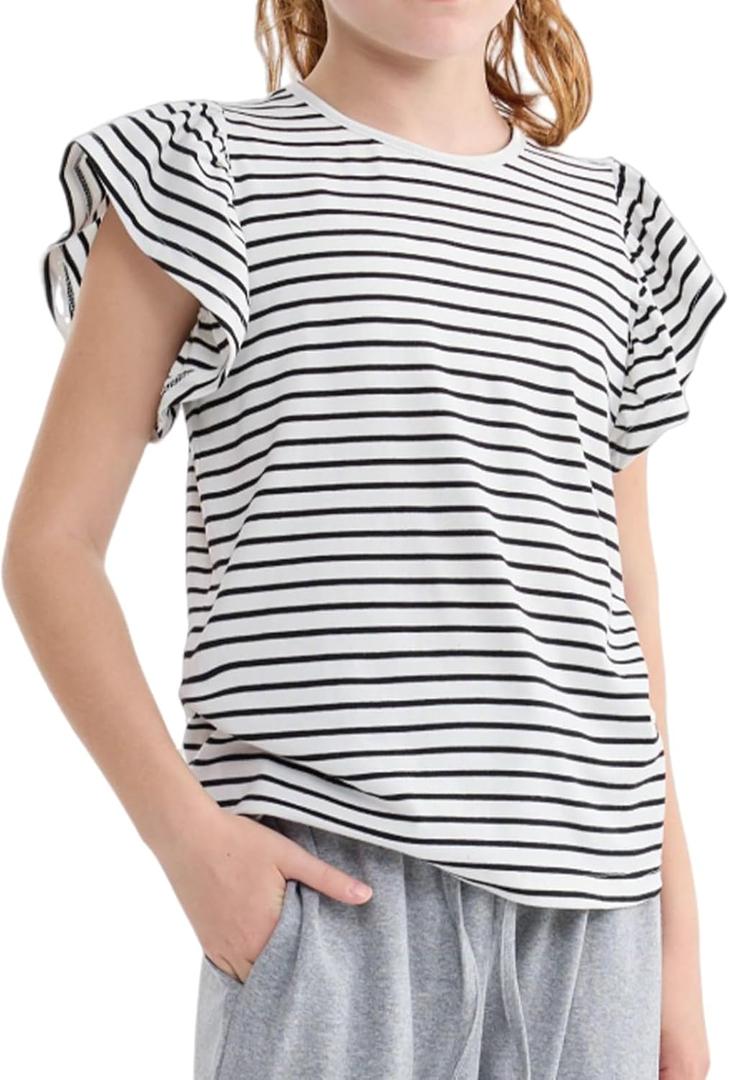 Girls Summer Shirts Kids Striped Ruffle Sleeve T Shirts Crew Neck Casual Tops Cute Short Sleeve Tees
