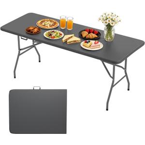 BestOffice 6 FT Picnic Table, Portable Plastic Folding Table with Carrying Handle Perfect for Picnics, Parties, Party and Camping, Grey