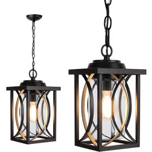 PARTPHONER Outdoor Pendant Light Fixture, Modern Black Exterior Hanging Lantern Anti-Rust Metal Hanging Lights with Clear Glass Shade and Adjustable Chain for Porch Foyer Doorway Front Door 1 Pack