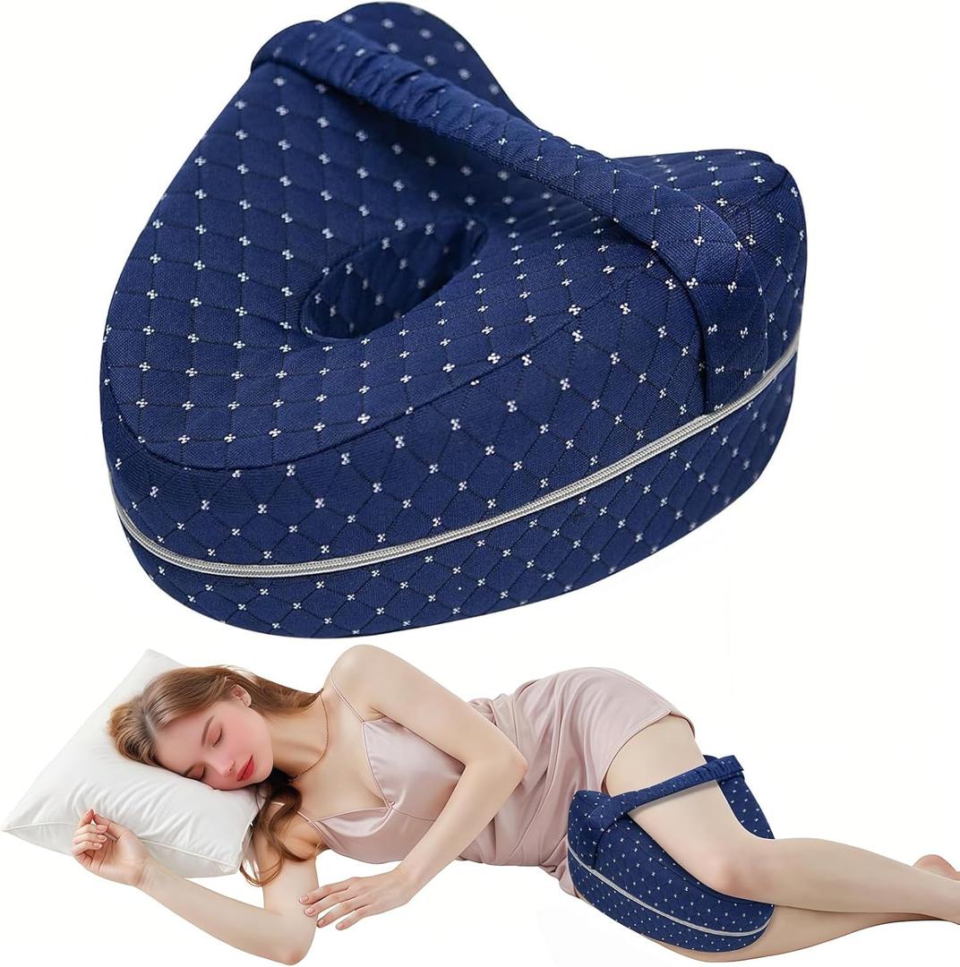 Knee Pillow for Side Sleepers Hip Pain,Alignment Pillows for Side Sleepers with Adjustable Strap,Leg Pillow for Side Sleeping,Shaped Memory Foam Pillows Relieving Leg, Back, Knee,Grid Blue (Navy Blue)