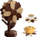 Sunflower Kitchen Decor, 5 Wooden Trivets for Hot Dishes with Tree Stand, Flower Coasters, Farmhouse Hostess Gift, Functional Sunflower Decor for Countertop & Table(Walnut & Beech Wood)