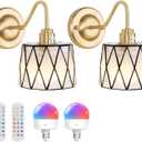 Vintage Battery Operated Wall Sconce Set of 2, 5000mAh Rechargeable Wall Lamp 12 RGB Colors Dimmable, Gold Lights Fixture for Bedroom Bathroom Living Room Hallway Clear Checker
