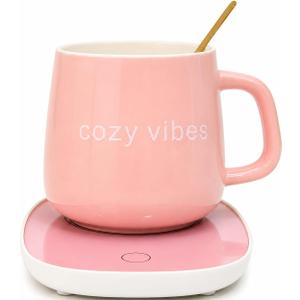 Coffee Mug Warmer with Ceramic Mug, Electric Cup Warmer for Desk, Auto Shut Off, Pink Cozy Vibes
