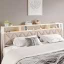 Salamir Full Headboard Only, Headboard for Full Size Bed with Storage, Upholstered Headboards with LED Lights & Charging Station, Attach Frame, Ideal for Bedroom/Dorm/Guest Room, White & Beige
