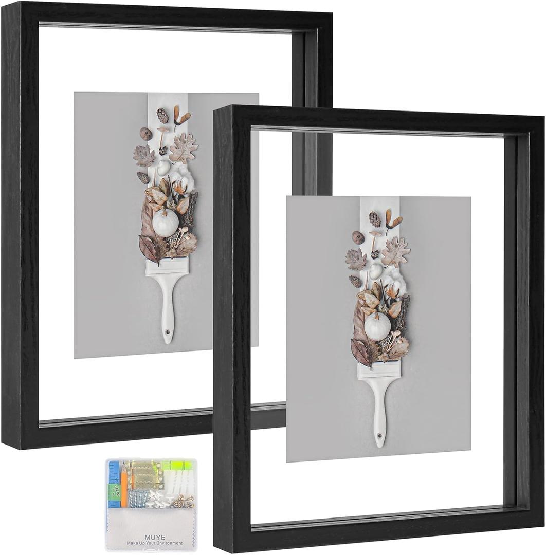 MUYE 8x10 Floating Frames Set of 2,Double Glass Picture Frame Display Any Size Photo up to 8x10,Wall Mount or Tabletop Standing,Black