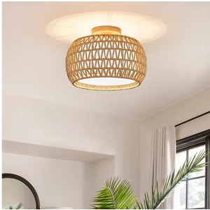 BUXVRCS Rattan Ceiling Light Fixtures,Hand-Woven Boho Flush Mount Light,Handmade Fixtures with Fabric Shade,Farmhouse Fixture for Bedroom Hallway Entryway (Yellow)
