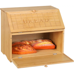 HOMEKOKO Vintage Double Layer Large Bread Box for Kitchen Counter, Retro Design Wooden Large Capacity Bread Storage Bin (Natural Bamboo)