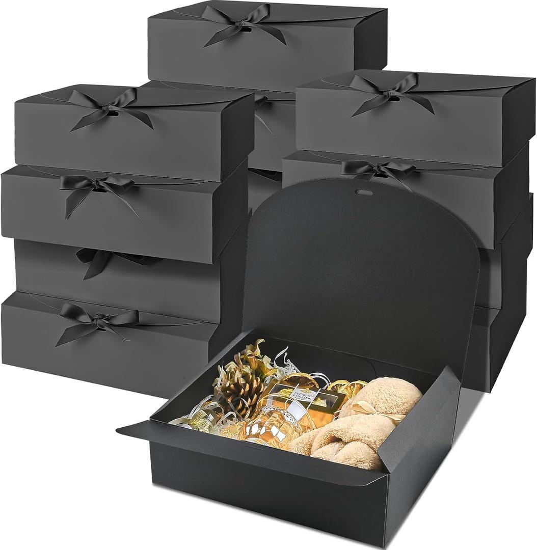 Ocmoiy 12 Pack Gift Boxes with Lids, 10.6x7.8x3.1 Inch Black Paper Gift Box with Ribbon, Bridesmaid Proposal Box for Wedding, Packaging, Baby Shower, Birthday, Christmas, Party, Present Crafting