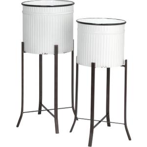 Creative Co-Op Round Metal Planters on Stands, White and Black, Set of 2 (30-3/4"h)